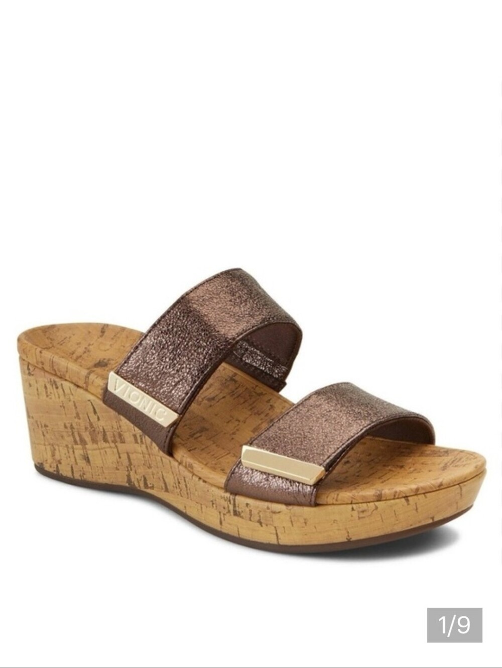 Vionic Pepper Wedge In Metallic Brown Cork Wedge Slide Sandal